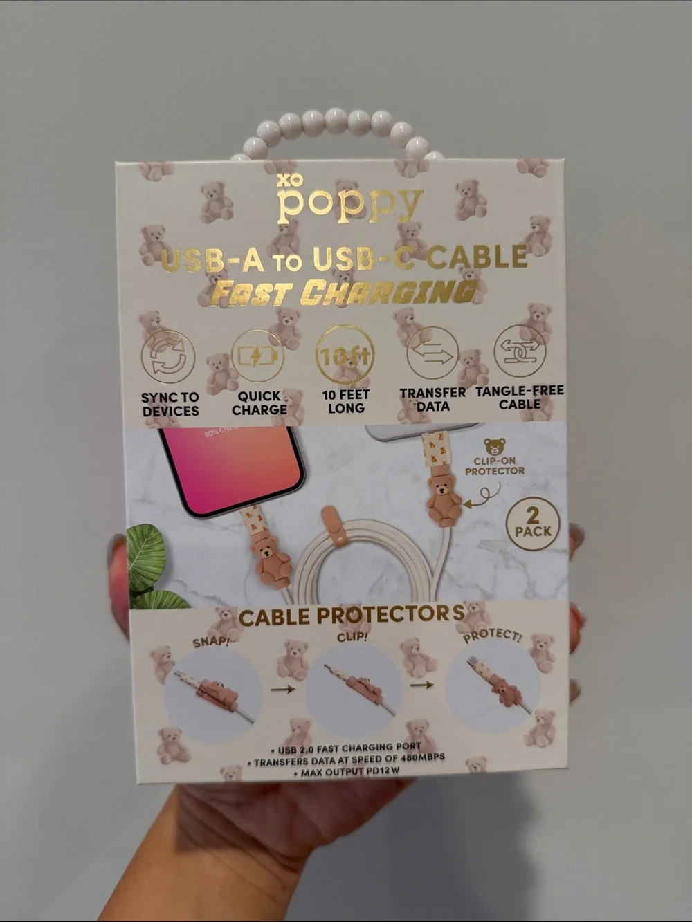 🐻 XO POPPY~Clip & Protect Fast Charging USB-A to USB-C Cable - White